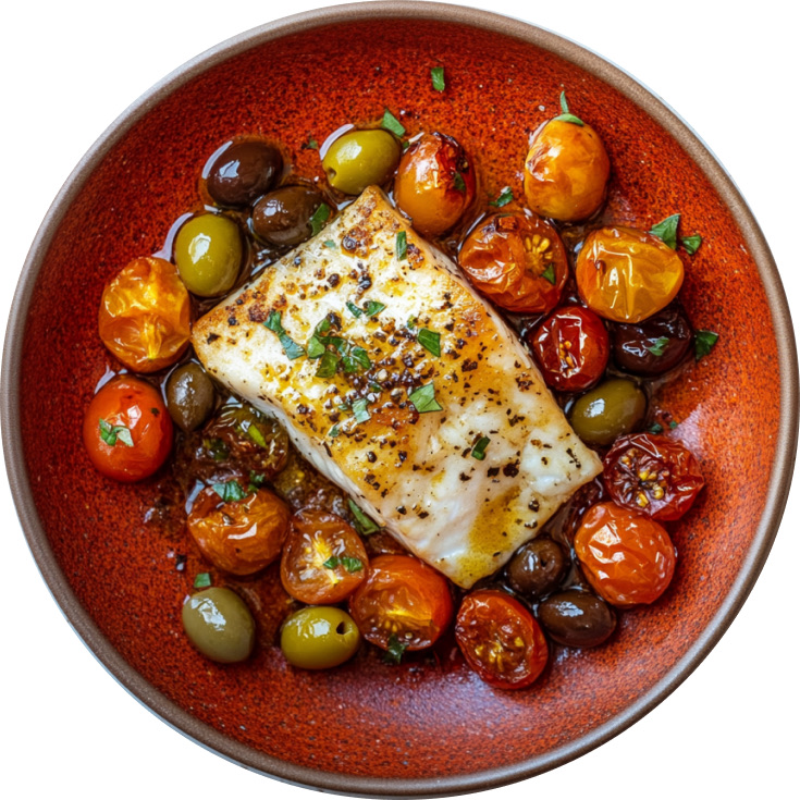 Roasted Cod With Burst Tomatoes and Olives