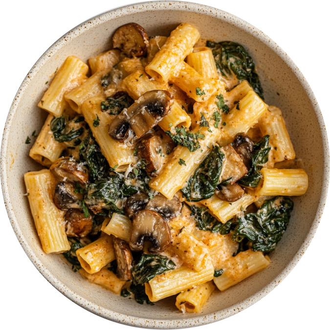 Baked Spinach and Spicy Mushroom Rigatoni