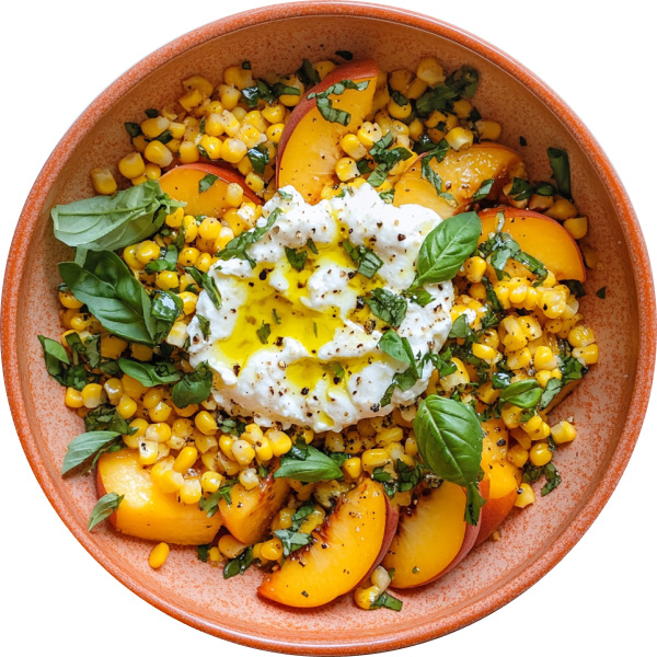 Spicy Corn, Peach, and Burrata Salad