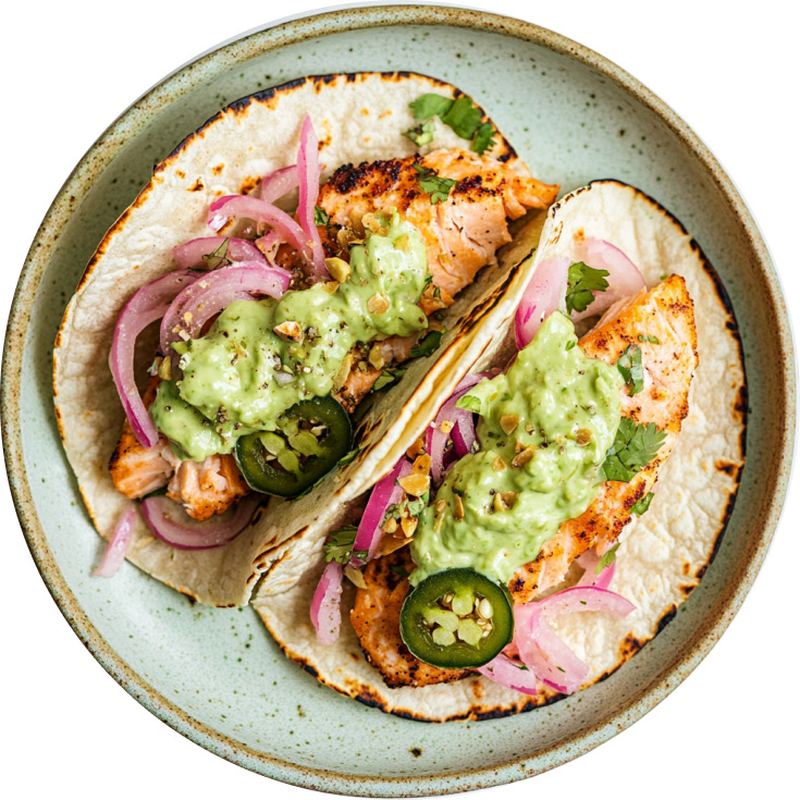 Salmon Tacos with Avocado Crema