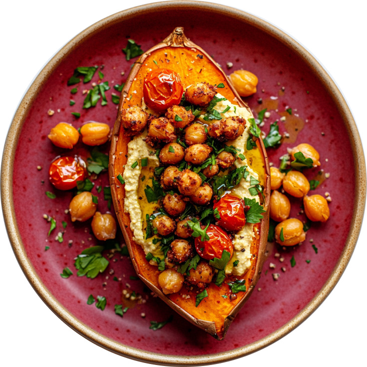 Crispy Chickpeas Loaded Sweet Potato with Butter Bean Hummus and Tangy Tomatoes
