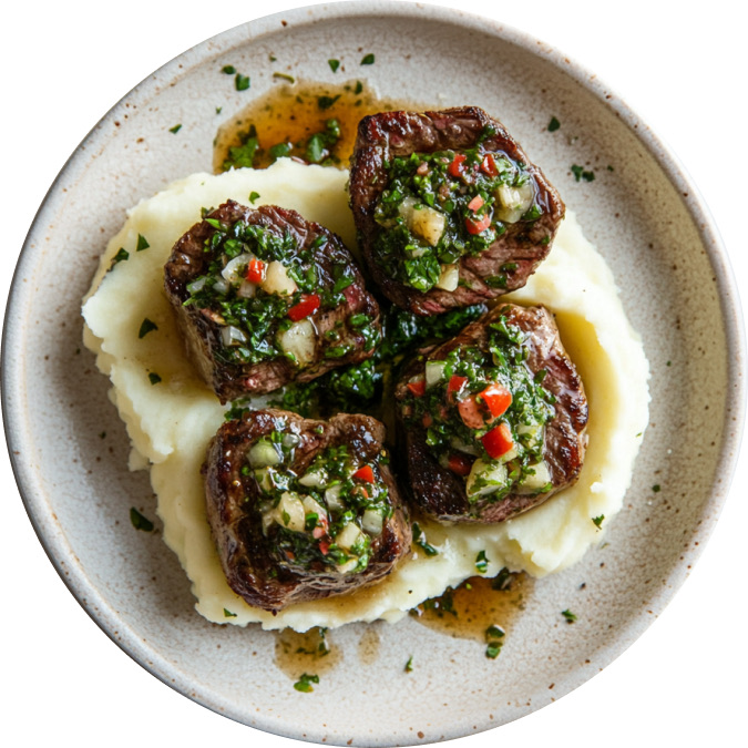 Butter Garlic Steak Bites and Mashed Potatoes