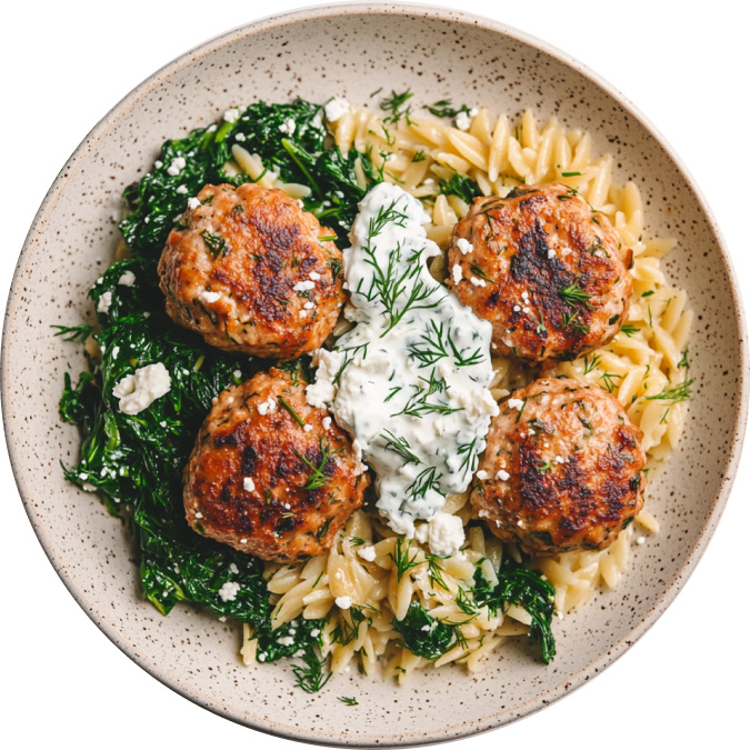 Greek Meatballs with Spinach Feta Orzo and Tzatziki