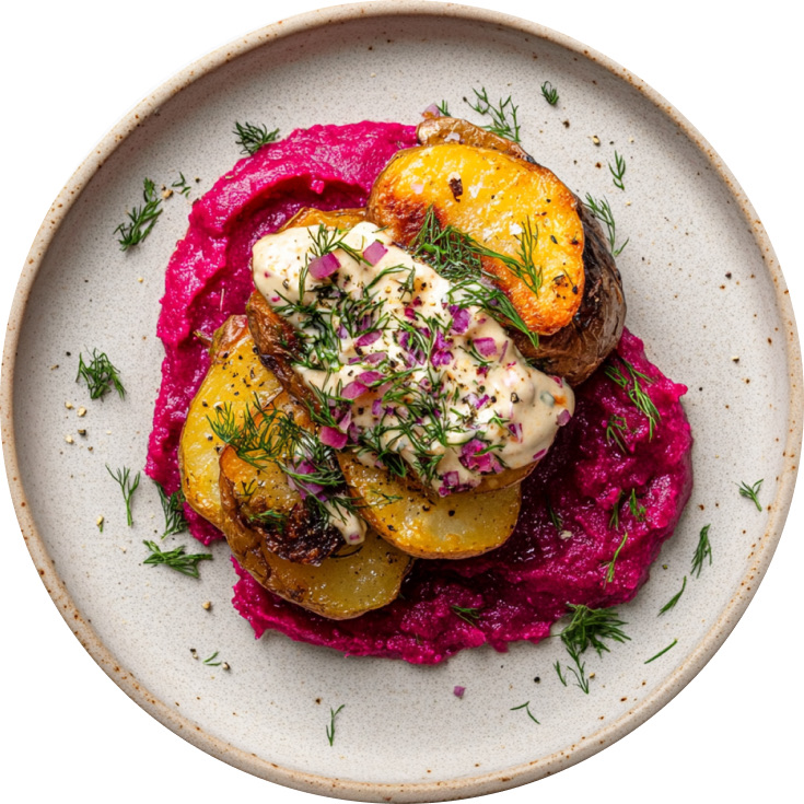 Crispy Smashed Potatoes on Beetroot Beans