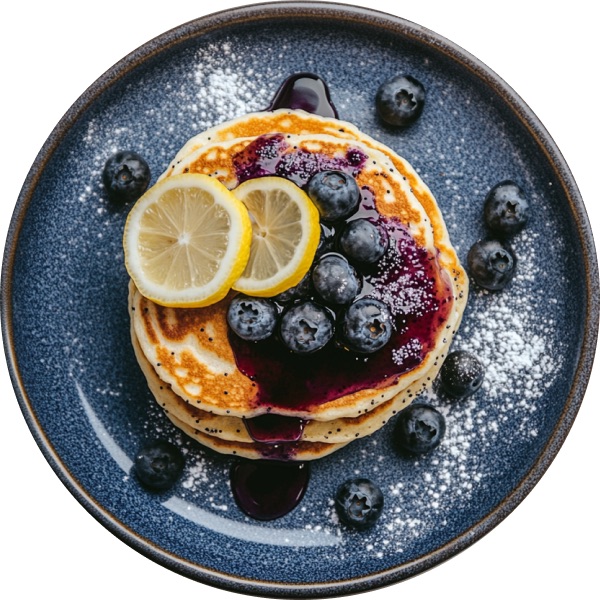 Lemon Poppyseed Pancakes with Warm Blueberry Syrup