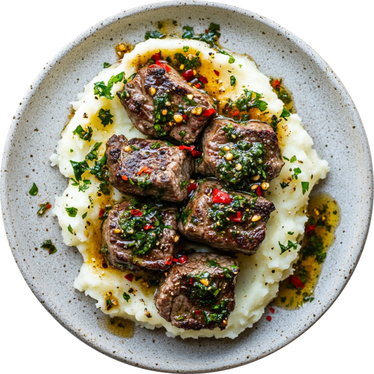 Butter Garlic Steak Bites with Mashed Potatoes