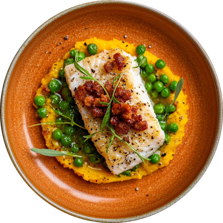 Roasted Cod on Sweet Potato with Peas and Chorizo