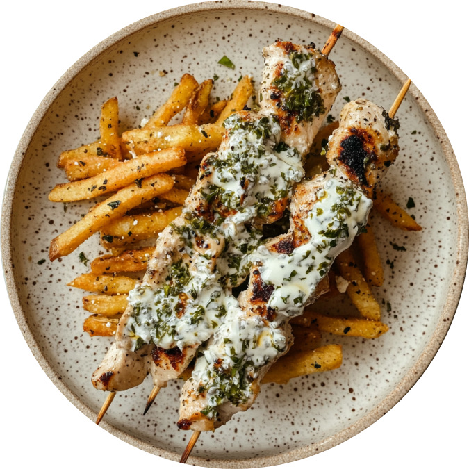 Greek Chicken Skewers with Feta Fries
