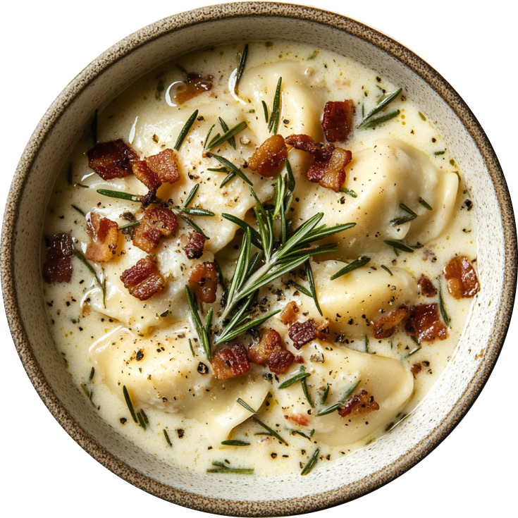 Creamy Pierogi Chicken Soup with Rosemary Bacon Bits