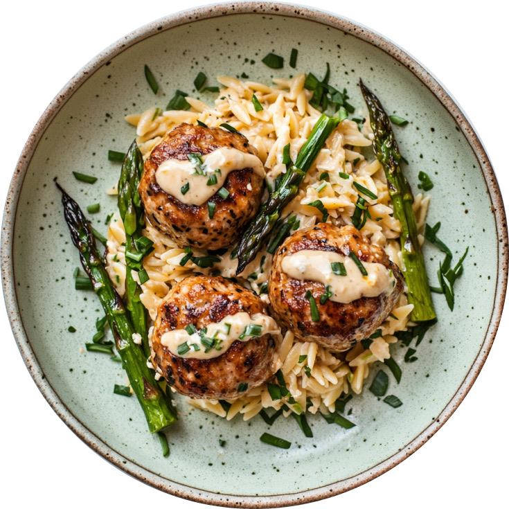 Boursin Chicken Meatballs with Cheesy Asparagus Orzo