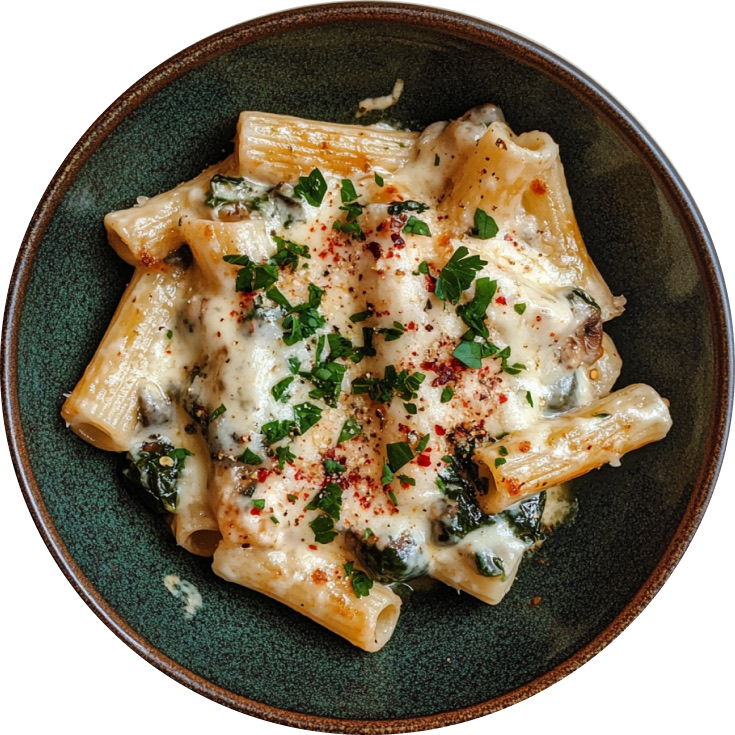 Baked Spinach and Spicy Mushroom Rigatoni