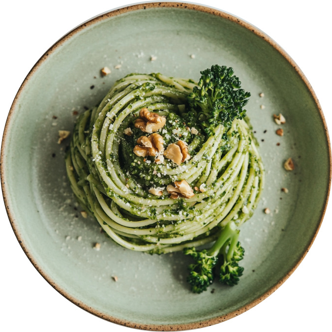 Spaghetti with Broccoli Rabe Cream and Walnuts