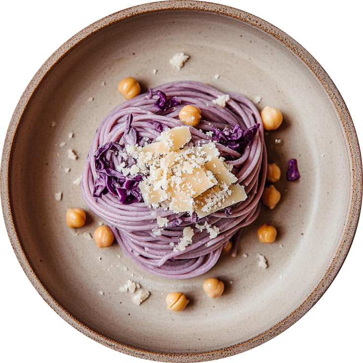 Spaghetti with Purple Cabbage Pesto and Crispy Chickpeas