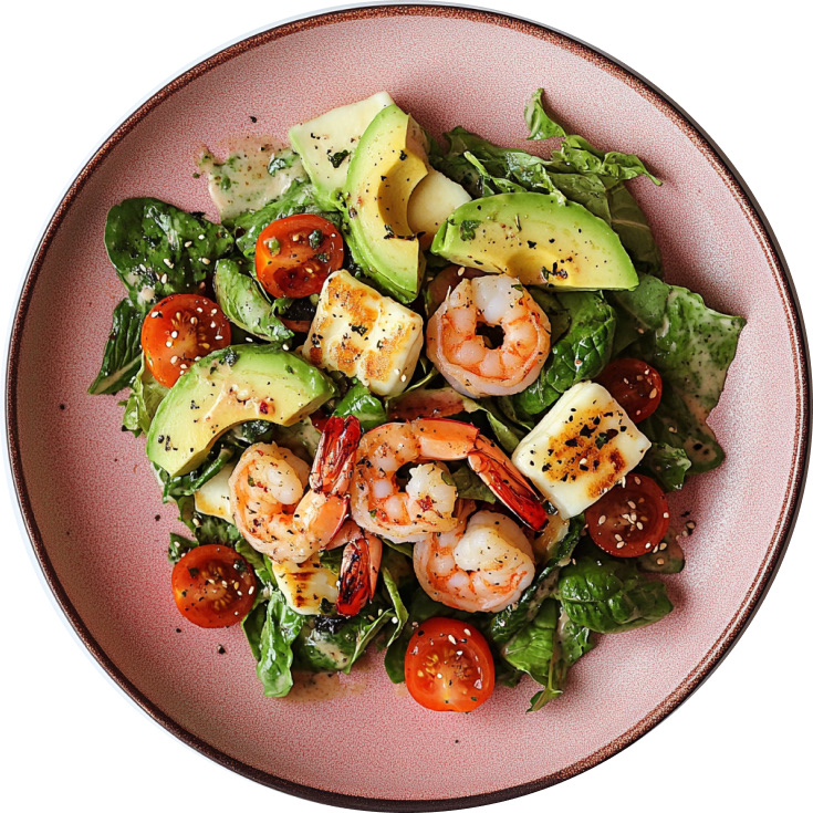 Garlic Shrimp & Halloumi Salad with Peach Basil Vinaigrette