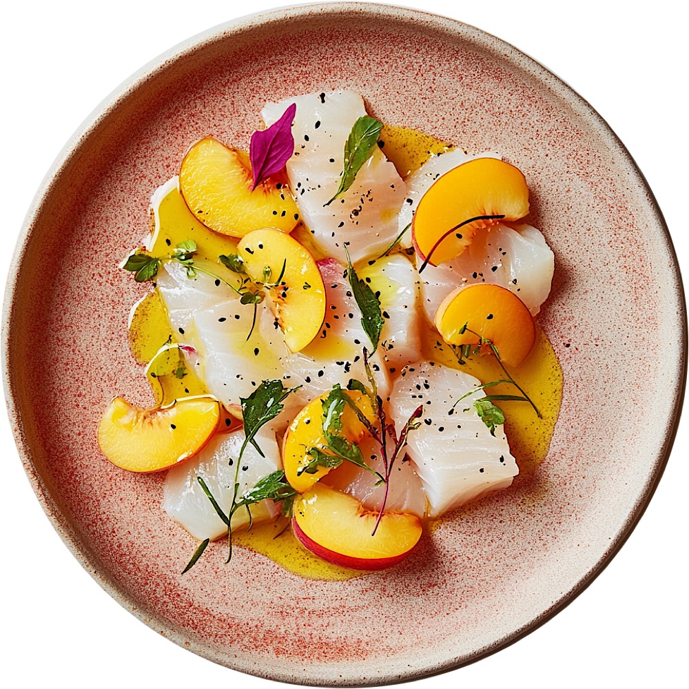 Seabass Crudo with Peach, Apricot, and Verbena Oil