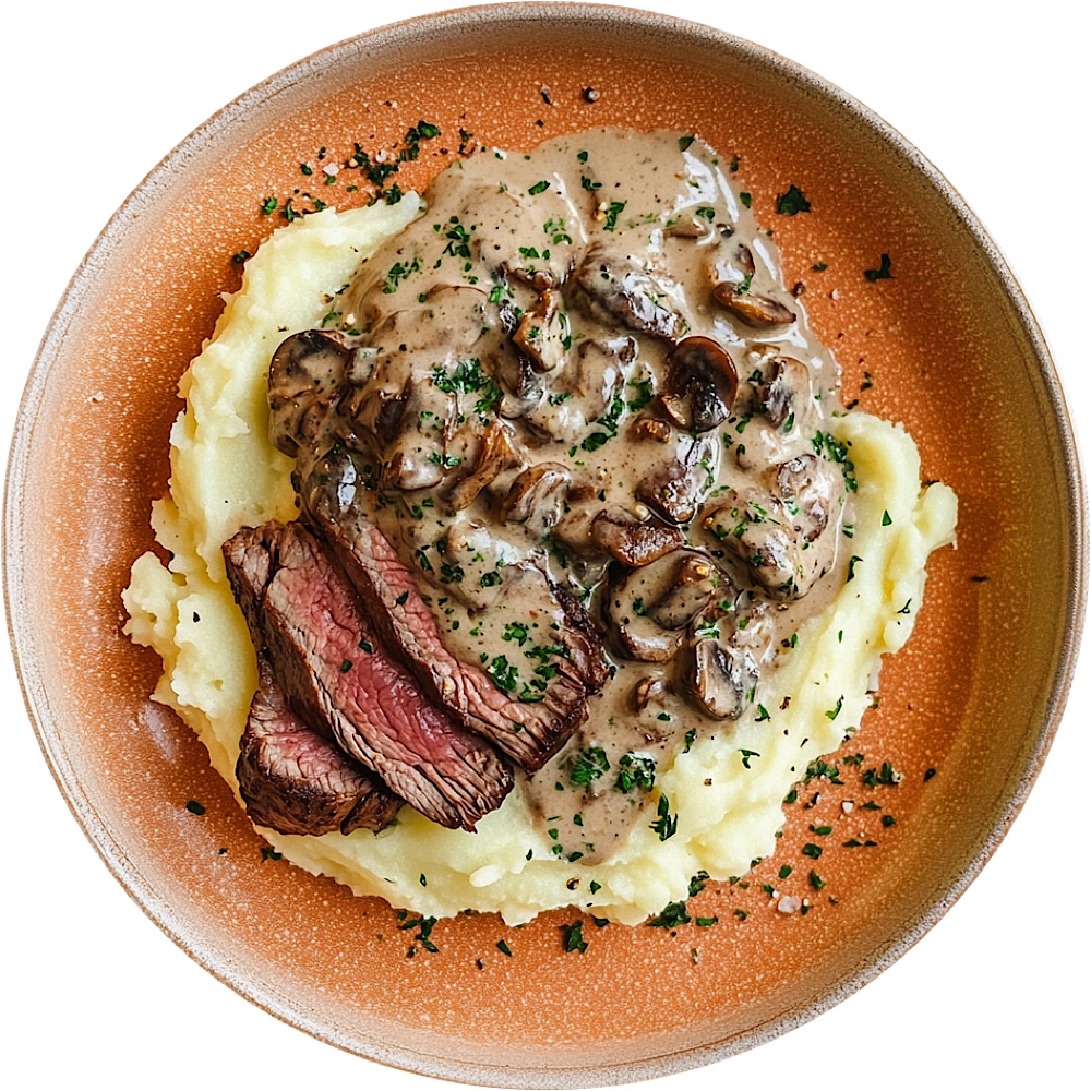 Steak with Creamy Mushroom Sauce and Cheesy Mashed Potatoes