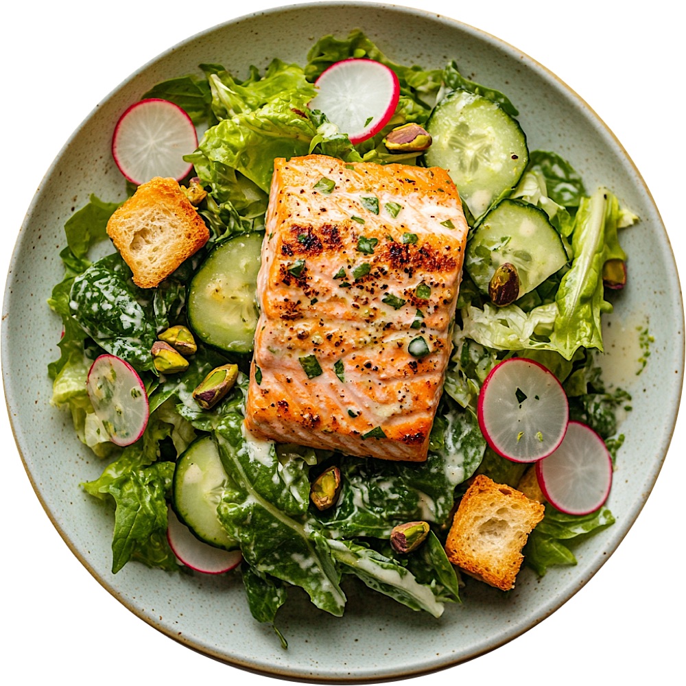 Salmon Caesar Salad with Basil Tahini Dressing