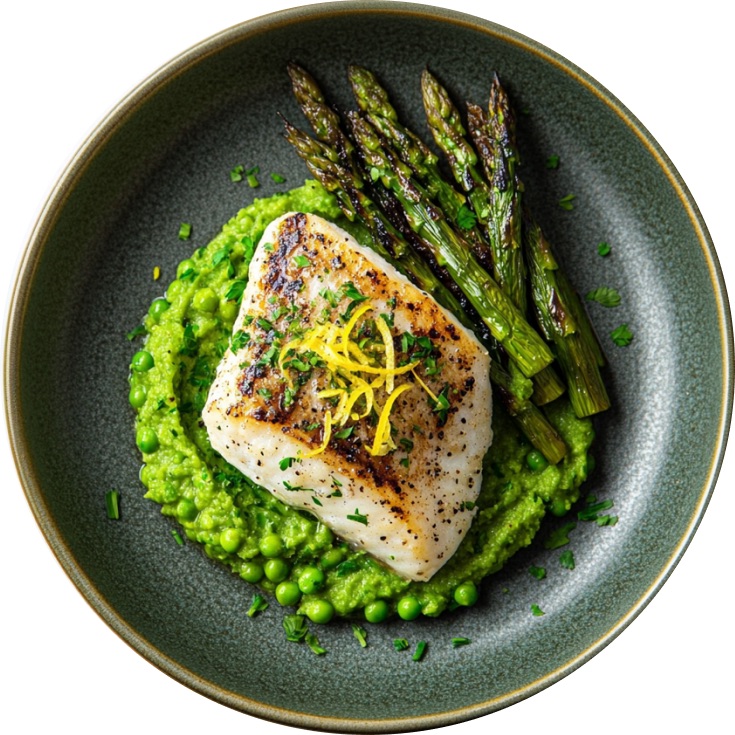 Pan-Seared Sea Bass with Green Asparagus, Pea-Mint Cream & Sauce Grenobloise