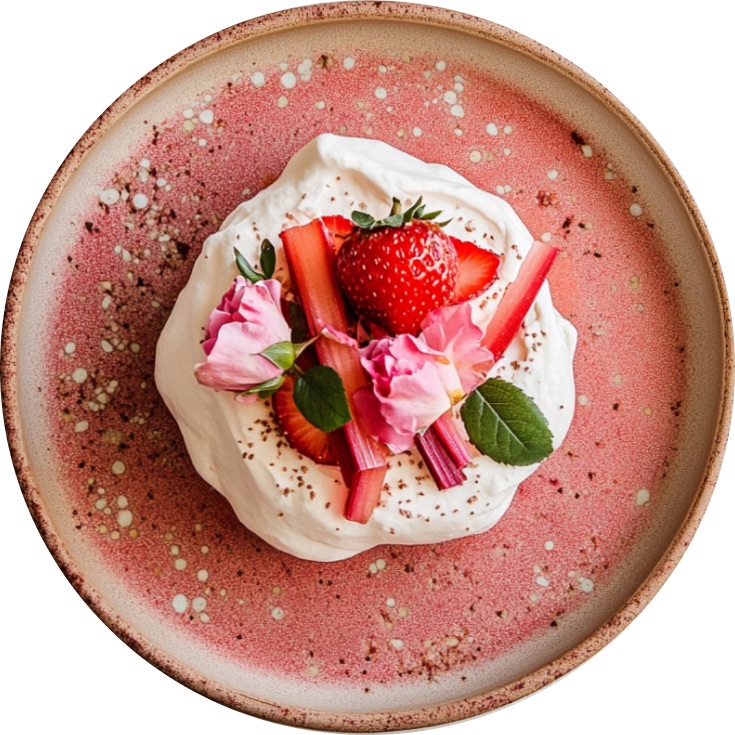 Strawberry-Rhubarb Pavlovas with Rose