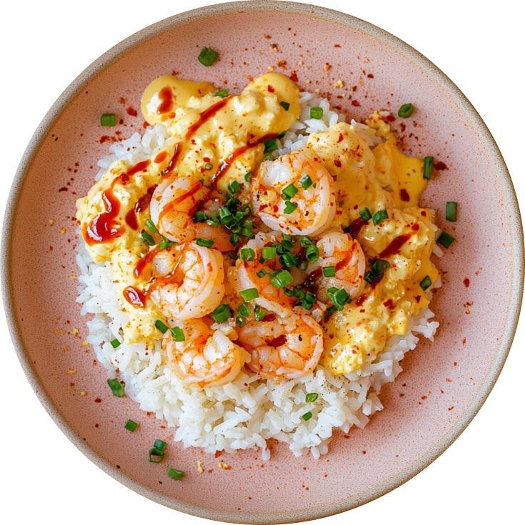 Silky Shrimp & Eggs Over Rice with Chili Oil & Sriracha Mayo