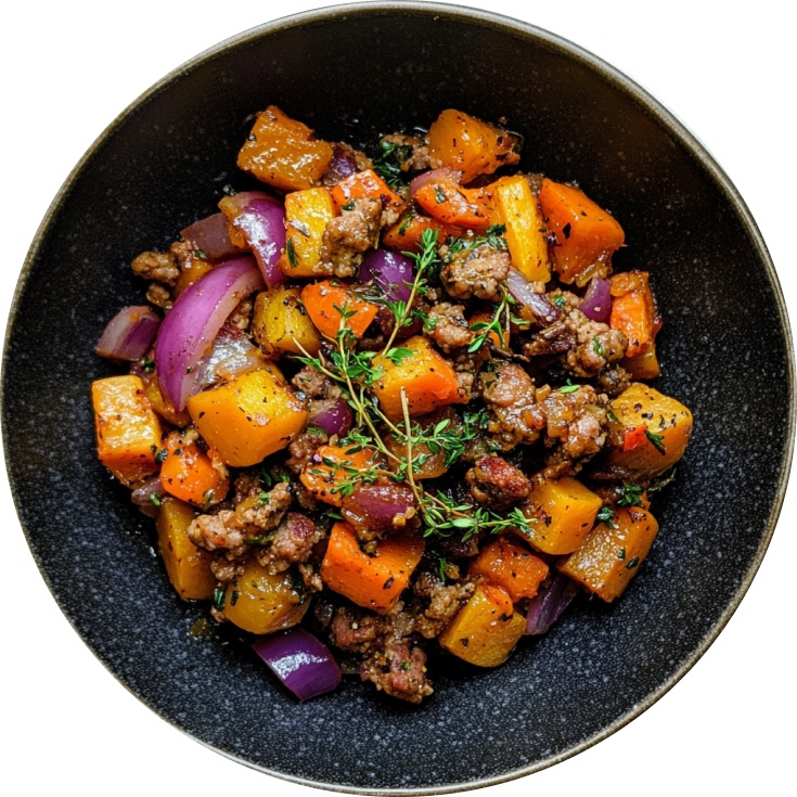 Maple, Ginger & Thyme Sweet Potatoes & Squash with Italian Sausage