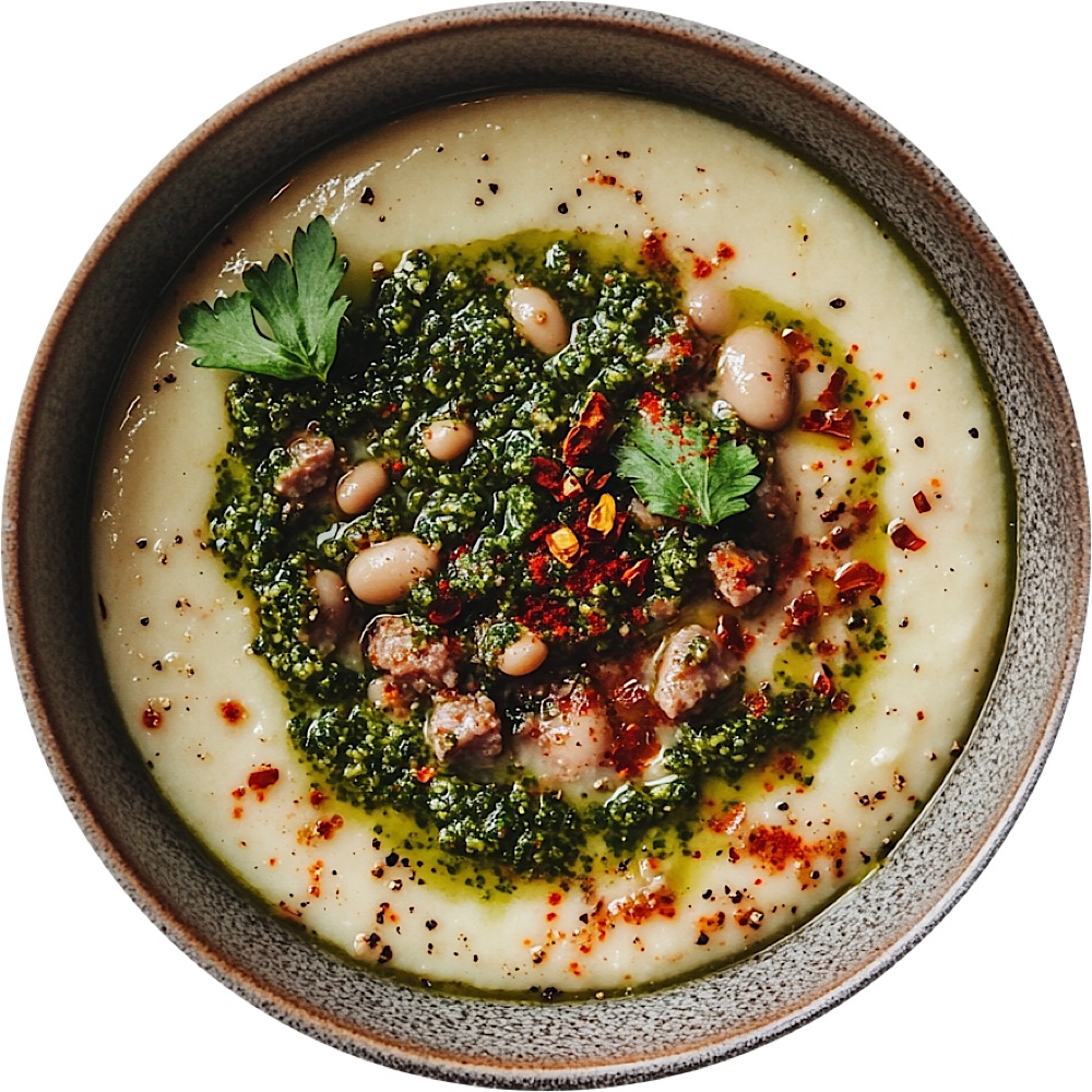 White Bean & Italian Sausage Soup with Basil Pesto