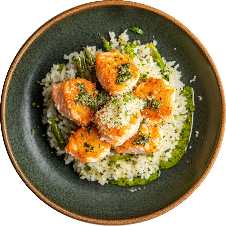 Creamy Lemon Rice with Garlic Parm Salmon