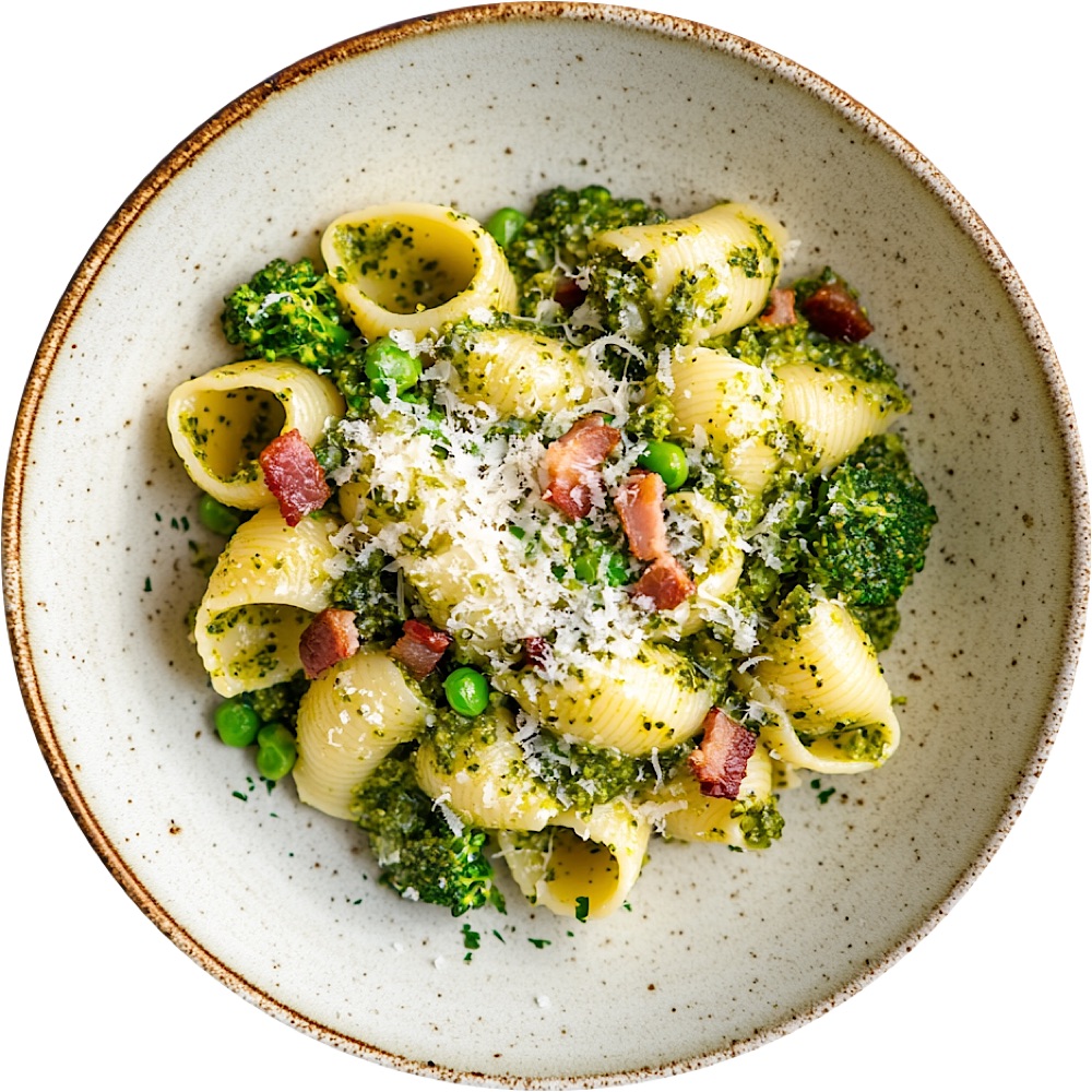 Pesto Broccoli Pasta with Bacon and Peas