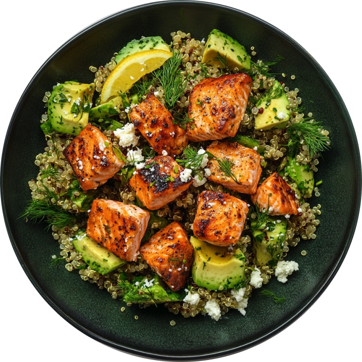 Salmon & Quinoa Power Salad with Lemon-Feta-Avocado Salsa