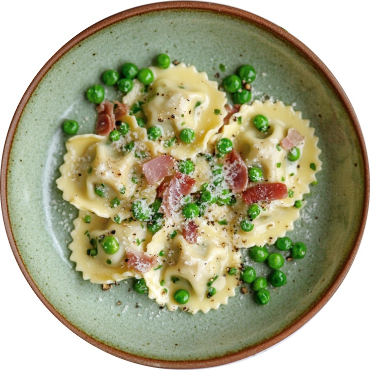 Spring Cacio e Pepe Ravioli with Crispy Prosciutto