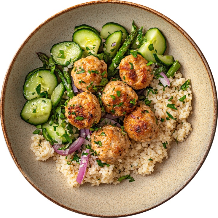 Chicken Meatballs with Lemony Couscous and Cucumber Salad