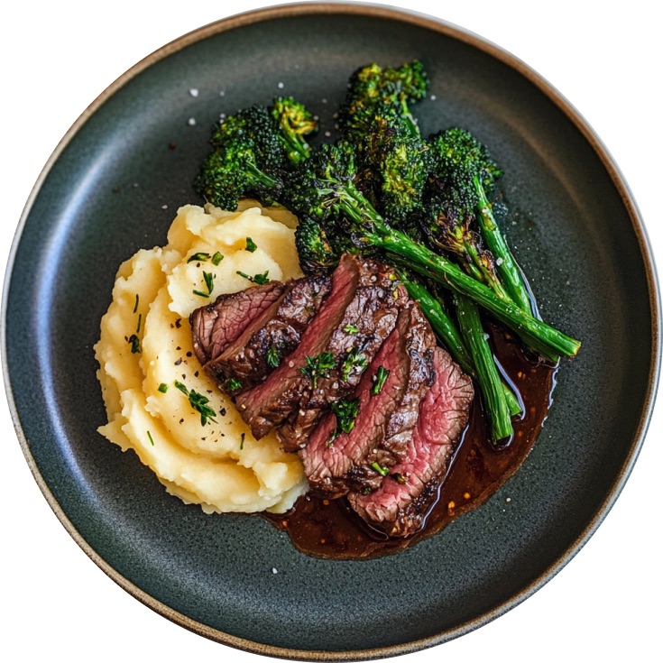 Chimichurri Steak Bites Over Mashed Potatoes with Garlic Lemon Broccolini