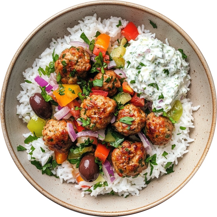 Greek Turkey Meatballs with Mixed Olive Sweet Pepper and Feta Salad