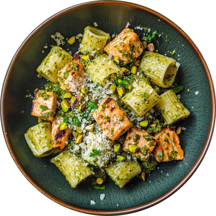 Vibrant Spring Pistachio Pesto Pasta with Seared Salmon