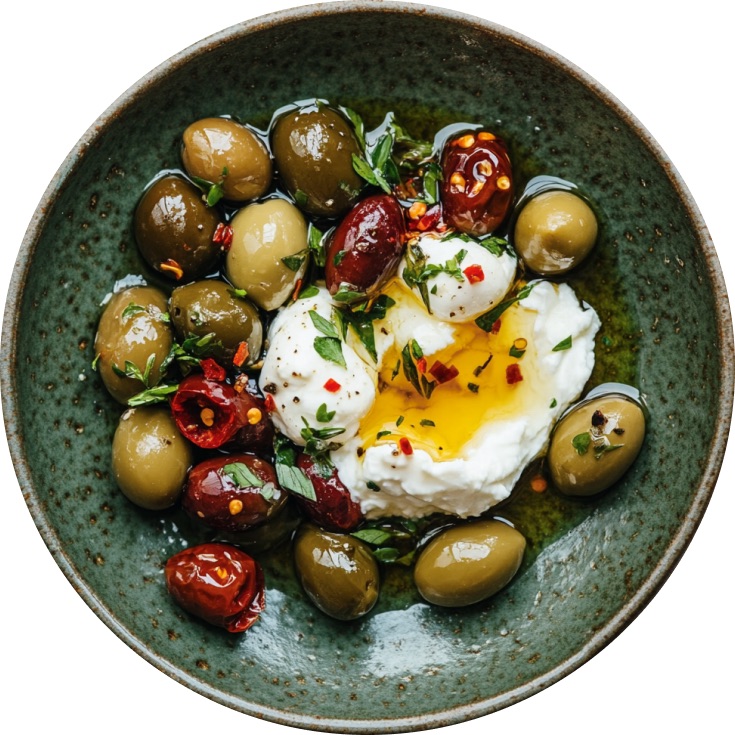 Garlic Herb Roasted Olives with Burrata Cheese