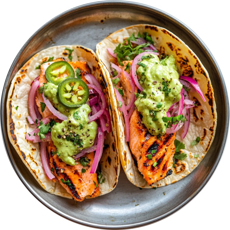 Salmon Tacos with Avocado Crema