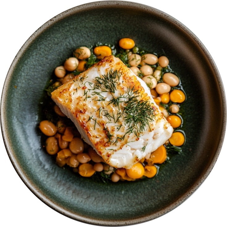 Coriander Fennel Crusted Baked Halibut with Lemony Butter Beans