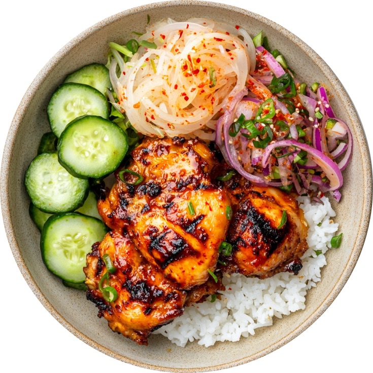 Korean BBQ Chicken Bowls with Cucumber Salad