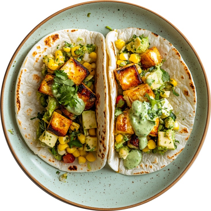 Halloumi Tacos with Zesty Corn Salad and Creamy Cilantro Sauce