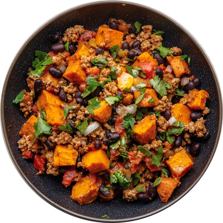 Ground Turkey, Sweet Potato, and Black Bean Enchilada Skillet