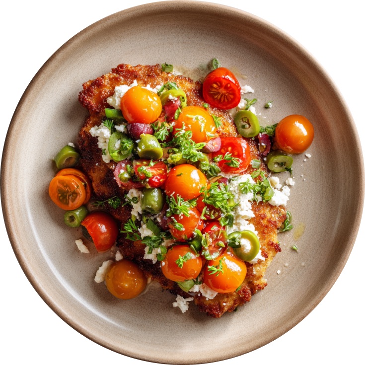 Lemon Pepper Parmesan Chicken Cutlets with Tomato Mozzarella Olive Salad