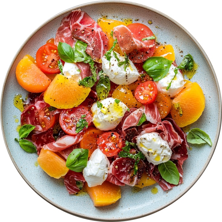Tomato Salad with Burrata, Peach, and Iberian Ham