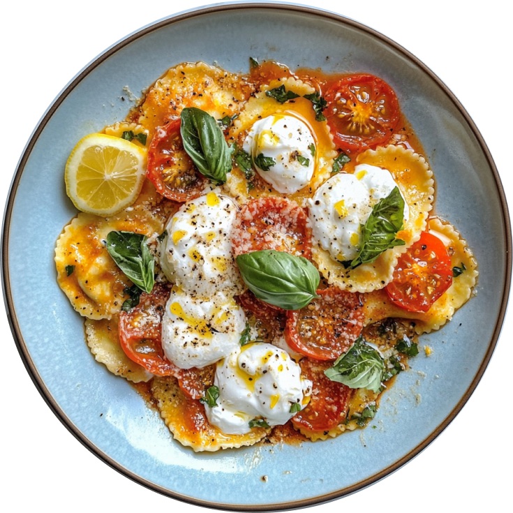 Ricotta & Lemon Zest Ravioli with Burst Tomato Sauce & Burrata