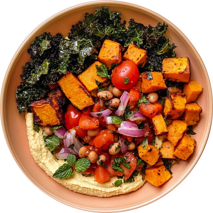 Spiced Roasted Sweet Potato Bean Hummus Bowls