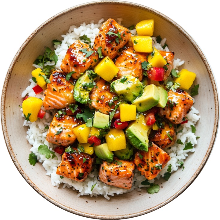 Hot Honey Salmon Bites with Charred Pineapple Salsa over Coconut Rice