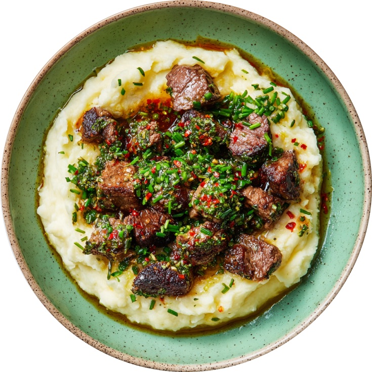 Chimichurri Steak Bites with Garlic Mashed Potatoes