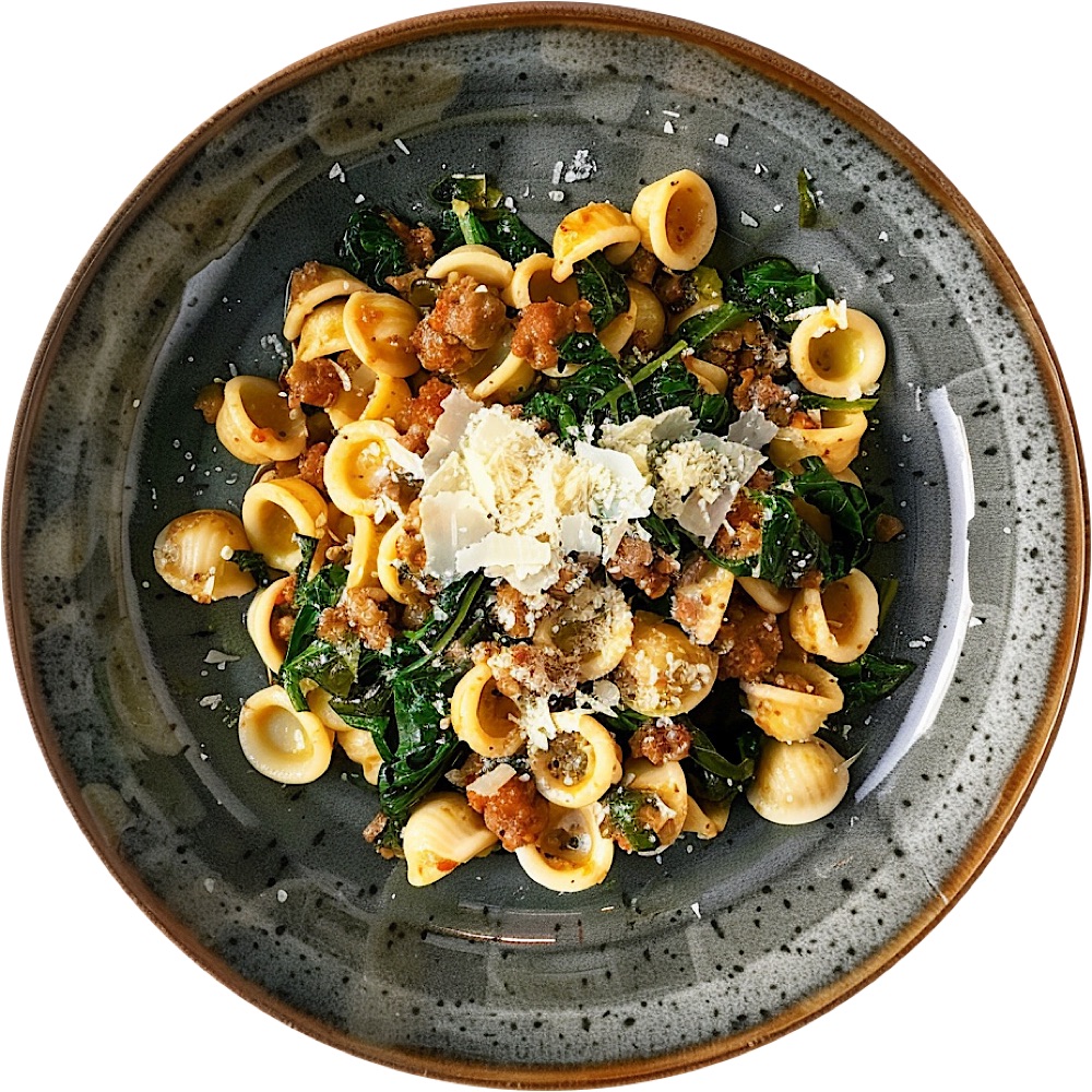Crispy Orecchiette With Spicy Sausage & Collard Ragù