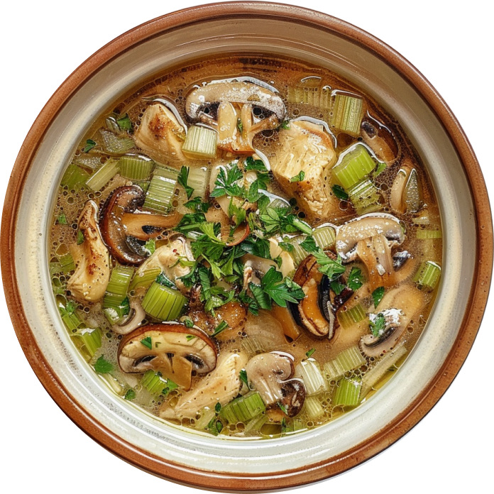 Chicken Soup with Toasted Garlic, Mushrooms, & Celery