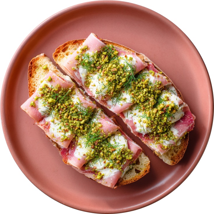 Mortadella, Stracciatella & Pistachio Tartine