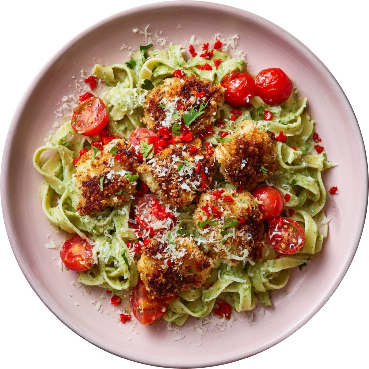Pesto Noodles with Crispy Lemon Chicken